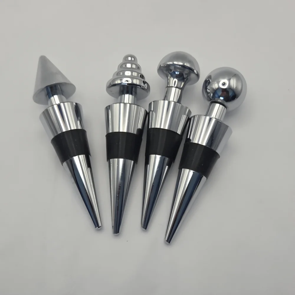 Chrome Bottle Stopper Set - 4pcs Reusable for Wine, Whiskey, Scotch Barware